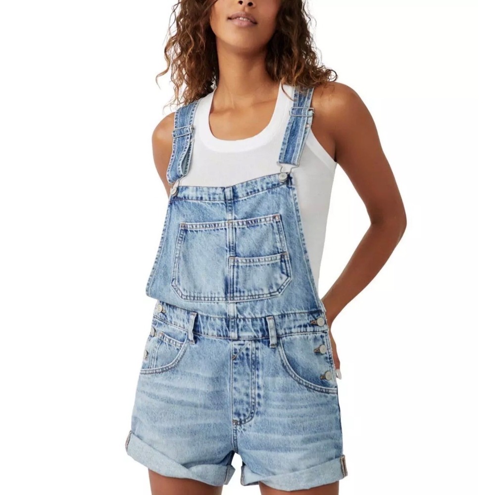 Free People We The Free Ziggy Shortall Denim Overalls Light Wash XS